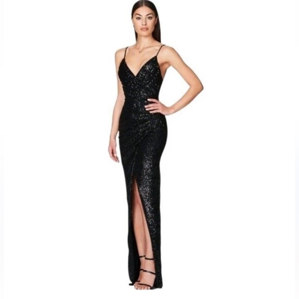 Eliza J Sequin Deep V High Slit Evening Gown Black Sz 4 Formal Party Prom NWT